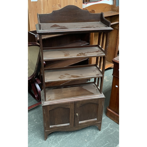 956 - A four tier etagere with spiral turned supports and marquetry inlaid shelves, 138cmH; together with ... 