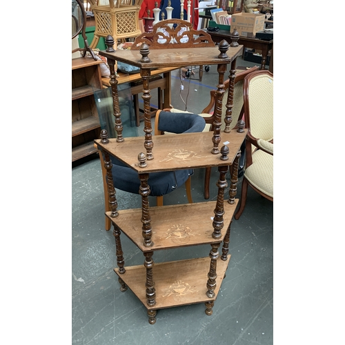 956 - A four tier etagere with spiral turned supports and marquetry inlaid shelves, 138cmH; together with ... 