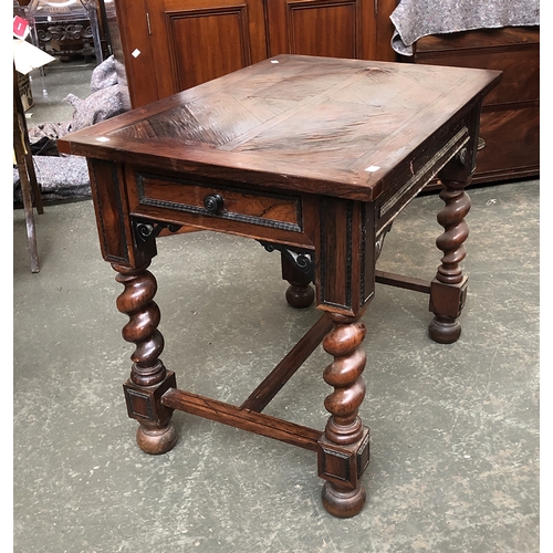 1085 - A rosewood veneer and ebonised table on barleytwist supports, single end drawer, 61x85x73cmH