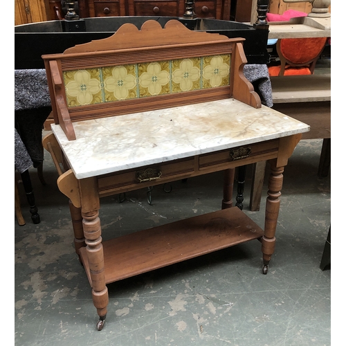 1107 - A late 19th/early 20th century marble wash stand, with tiled upstand, two frieze drawers, 92cmW