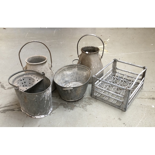 1119 - A pair of aluminium milk pails; galvanised bucket; galvanised bottle crate and further bucket