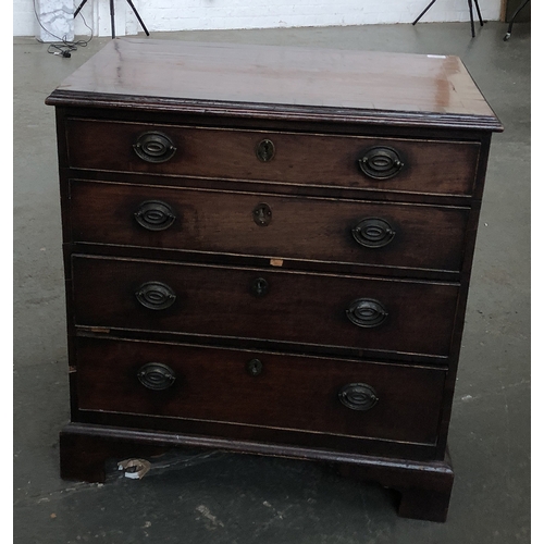 872 - A George III mahogany chest of four graduating drawers, crossbanded and moulded top, on bracket feet... 