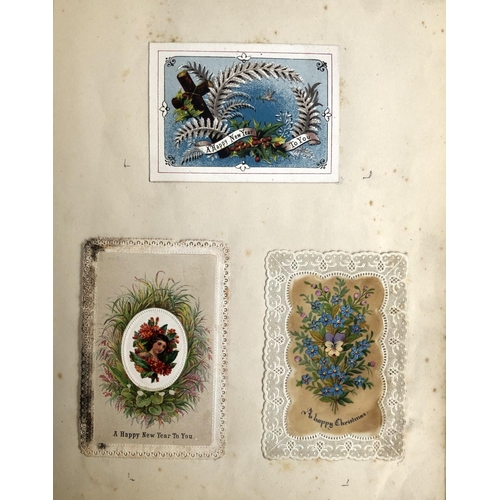 367 - A late Victorian post card album, containing over 120 greetings cards including Christmas and Valent... 