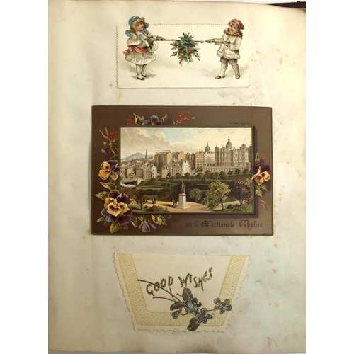 367 - A late Victorian post card album, containing over 120 greetings cards including Christmas and Valent... 