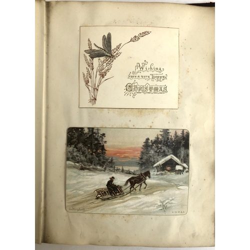 367 - A late Victorian post card album, containing over 120 greetings cards including Christmas and Valent... 