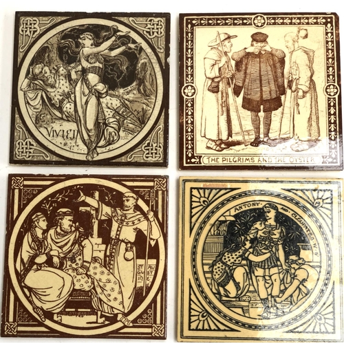 224 - Three Mintons tiles, and one other, depicting Anthony & Cleopatra, Vivien, The Pilgrims and the Oyst... 