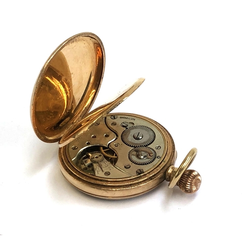 105 - A 10ct gold plated open face pocket watch, Dennison Moon case, white enamel dial with Arabic numeral... 