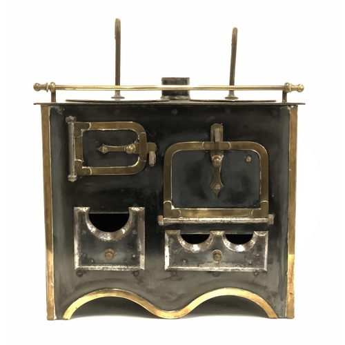 390 - A vintage miniature enamel and brass range cooker, with gas fitting, 32cmW, with miniature kettle, c... 