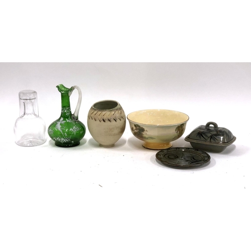 241 - A mixed lot of ceramics to include Mary Gregory style green glass vase with handle, vase stamped AD,... 