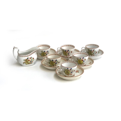 246 - A set of six Newhall Regency and later saucers and cups, hand painted yellow shell and flower patter... 