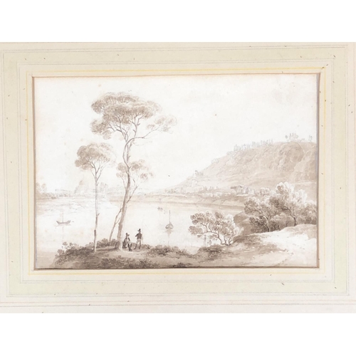 669 - A 19th century sepia study of figures by a lake, inscribed to verso 'Ingres W', 16x24cm