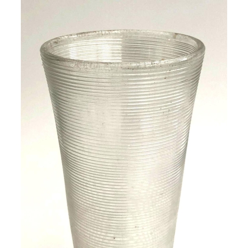 153 - A hand blown glass vase of conical ribbed form, 30cm high