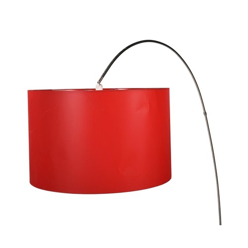 1204 - A chromed metal arching standard lamp with large red shade, 193cm high, and another similar