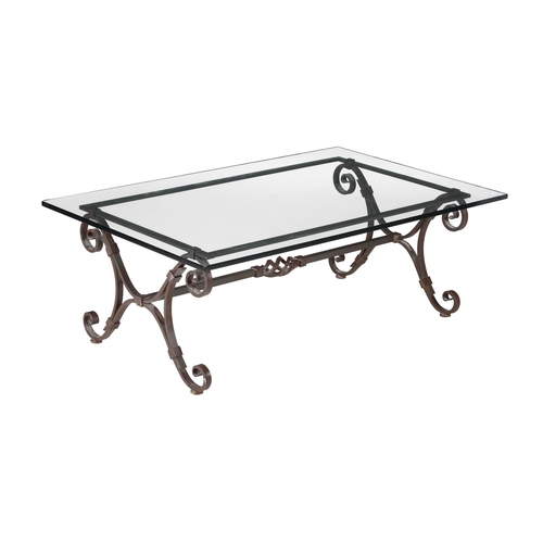 1203 - A wrought iron and glass topped low centre table, of recent manufacture, 146x91x75cmH