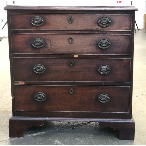 872 - A George III mahogany chest of four graduating drawers, crossbanded and moulded top, on bracket feet... 