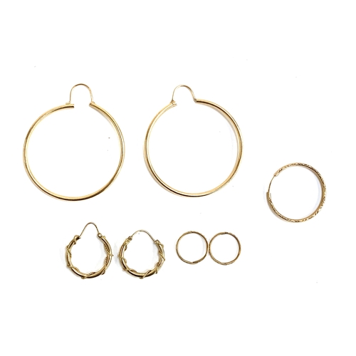 57 - Three pairs of 9ct gold hoop earrings, with one single earrings, gross weight 6.3g