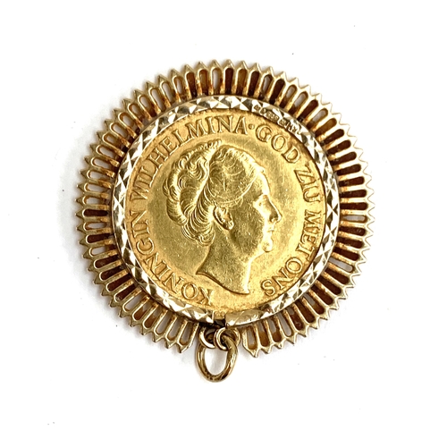 69 - A gold 1932 Netherlands Queen Wilhelmina 10 Gulden coin in a 9ct gold pendant mount, gross weight 9g