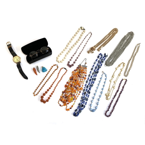 80 - A mixed lot of costume jewellery to include faux pearls, carnelian glass beads; pince nez glasses; L... 