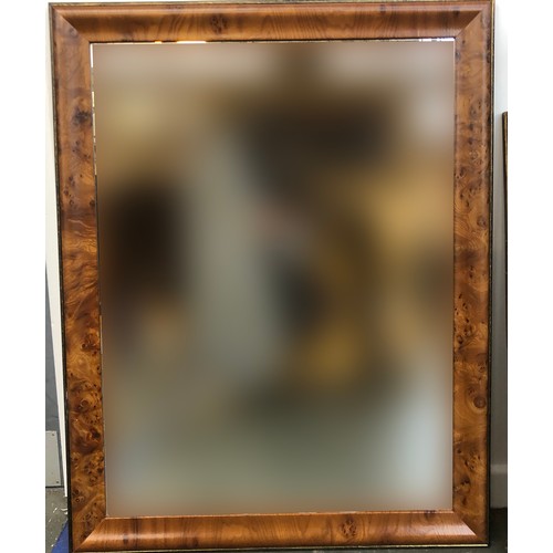 744 - A large modern rectangular mirror with bevelled glass, in burr wood frame, 117x91cm