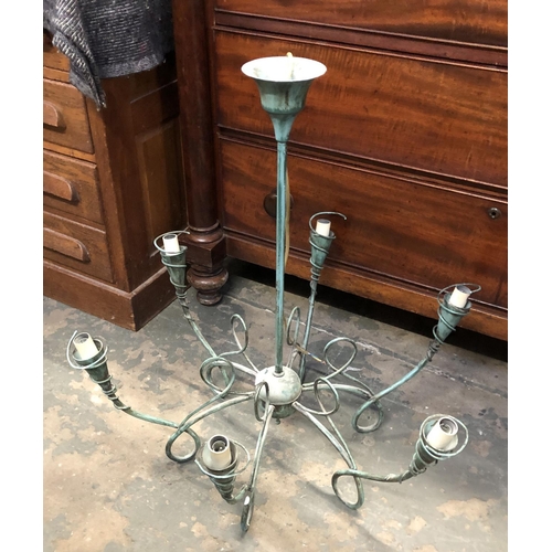 1115 - A verdigris effect six arm chandelier, 70cmW