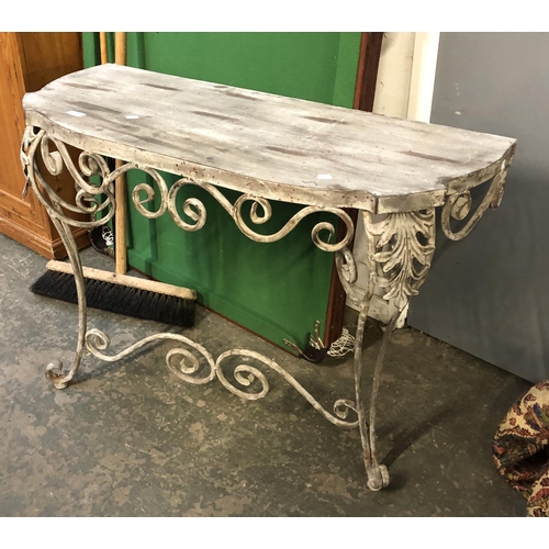 1197 - A wrought metal console table with scrolling and acanthus detail, 99x45x72cmH