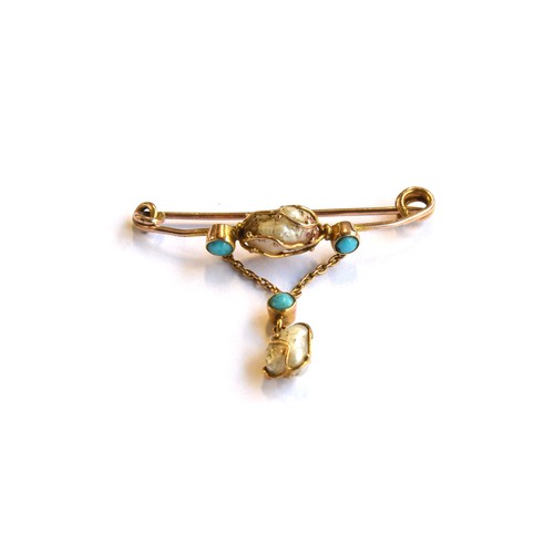 35A - An Art Nouveau Murrle Bennett & Co. 9ct gold, turquoise and baroque pearl wire work lavalier brooch,... 