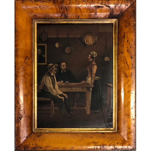 800 - 19th century Dutch, oil on panel, domestic interior, 21x15cm, in a burr maple frame