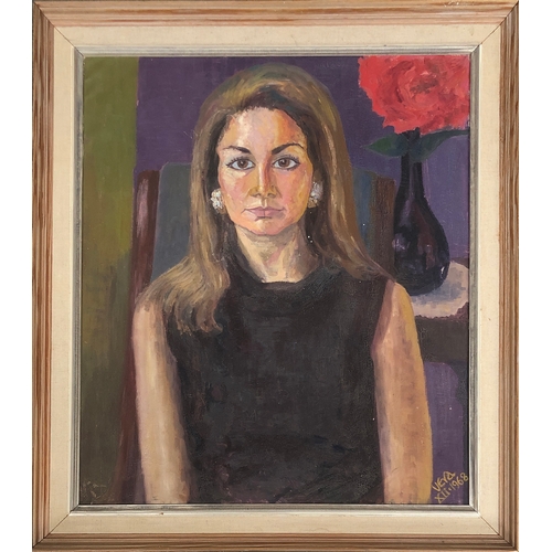 831 - Half length portrait of a lady with red flower in vase, oil on canvas, signed 'Vera, XII. 1968', 75x... 