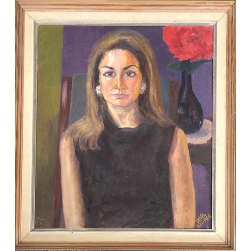 831 - Half length portrait of a lady with red flower in vase, oil on canvas, signed 'Vera, XII. 1968', 75x... 