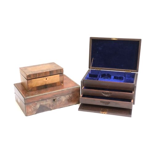 406 - A 19th century brass bound writing box (af); together with a further small jewellery box; and an oak... 