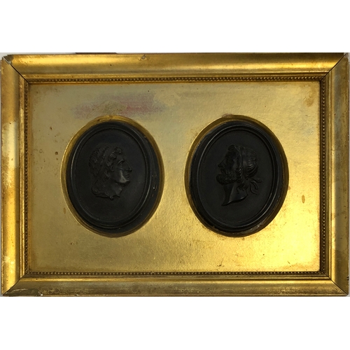 401 - Two late 18th century Wedgwood black basalt portrait cameo plaques, each 7.5x5.6cm, one depicting a ... 