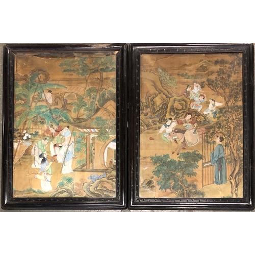 828 - A pair of 19th century Chinese paintings on silk depicting garden and battle scenes, 58x41cm