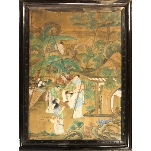 828 - A pair of 19th century Chinese paintings on silk depicting garden and battle scenes, 58x41cm