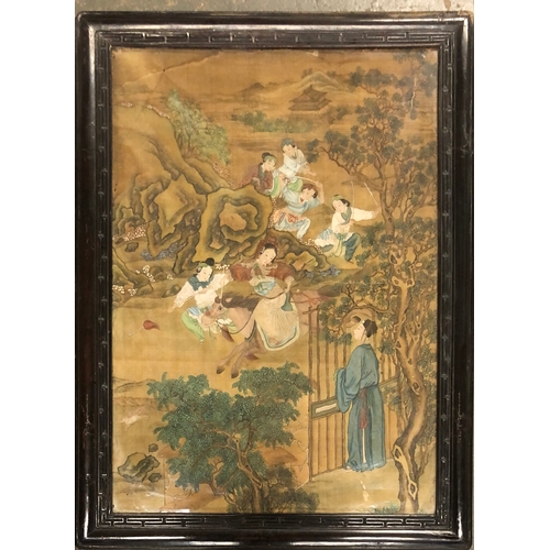 828 - A pair of 19th century Chinese paintings on silk depicting garden and battle scenes, 58x41cm