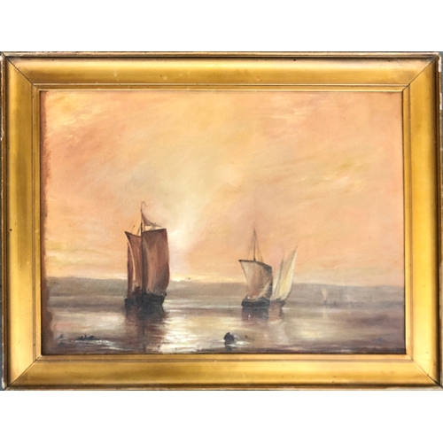 829 - 20th century oil on canvas, boats at sunset, signed indistinctly, 48x66cm