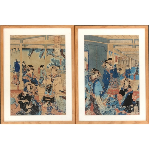 832 - Two framed 19th century Japanese woodblock prints by Utagawa Kunisada depicting court scenes, 33x23c... 