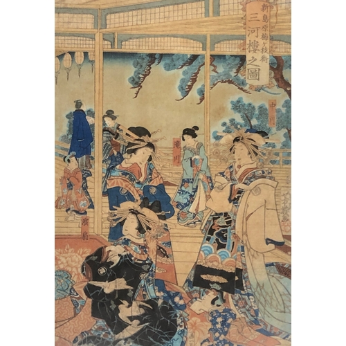 832 - Two framed 19th century Japanese woodblock prints by Utagawa Kunisada depicting court scenes, 33x23c... 