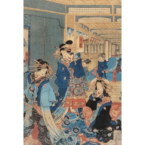 832 - Two framed 19th century Japanese woodblock prints by Utagawa Kunisada depicting court scenes, 33x23c... 