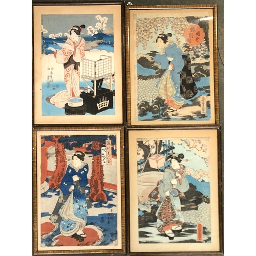 833 - A set of four Japanese 19th century woodblock prints depicting a geisha in various seasons, each app... 