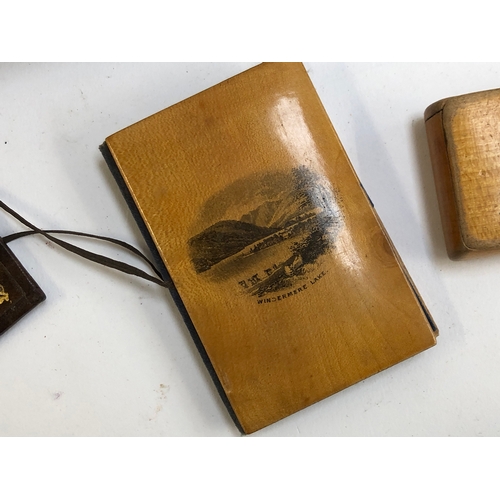 422 - A mixed lot to include Mauchlineware needle case 'Windermere Lake'; leather box; Chinese pewter box ... 