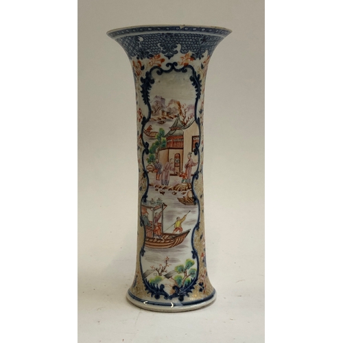 248 - A Chinese Mandarin style sleeve vase depicting boating scenes, later clobbered decoration, 27cmH