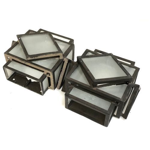 429 - Interior design interest: Two wrought metal and frosted glass Art Deco style geometric wall lights (... 