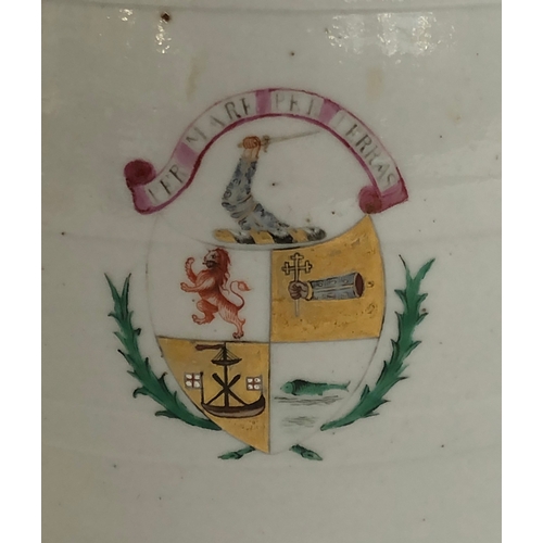 249 - A 19th century armorial teapot, lid repaired, the clan MacDonald motto 'Per Mare Per Terras', 23cmH