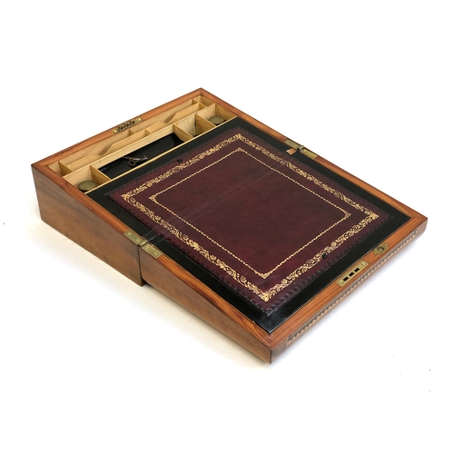 438 - A burr walnut and parquetry writing slope, with gilt tooled leather and fitted interior, 35x23x14cmH