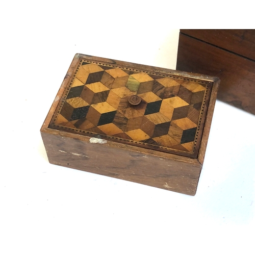 440 - A 19th century Tunbridge ware box with tumbling block lid, 9.5cmW; a Victorian walnut sewing box, wi... 