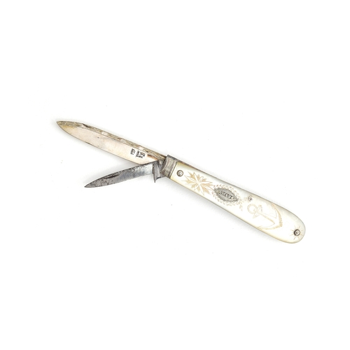 90 - A George III silver, steel, and mother of pearl penknife, having a large silver blade, 6cm long, and... 