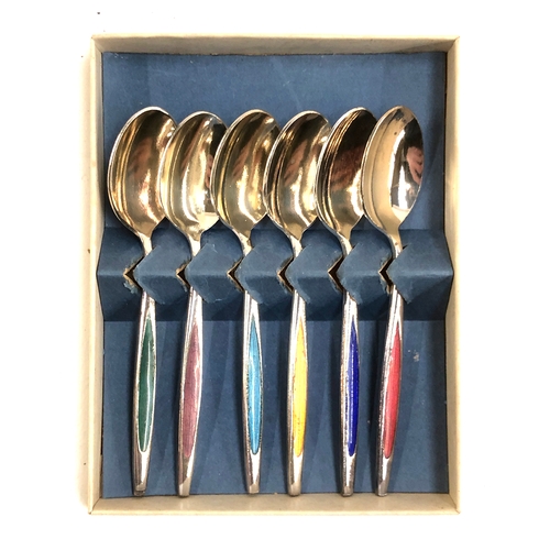 78 - A set of six mid-century Danish stainless steel and enamel coffee spoons, by Meka, in original box