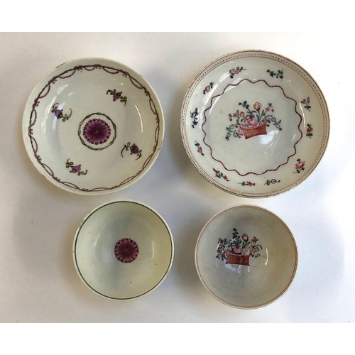 318 - Two 18th century teacups and saucers, both with floral design, one Lowestoft