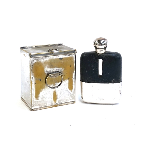 85 - A plated and leather hip flask, by James Dixon; together with a plated sandwich box