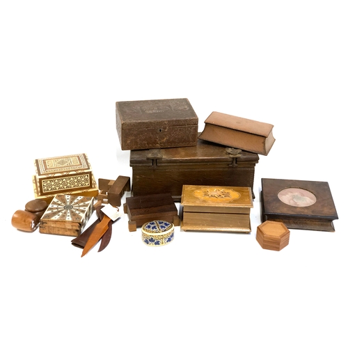 490 - A quantity of wooden boxes to include leather clad box with embossed design; mahogany box with glaze... 